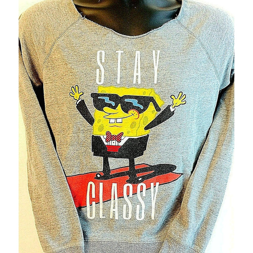 SpongeBob SquarePants Women's Size M Sweater Gray Stay Classy Nickelodeon Print